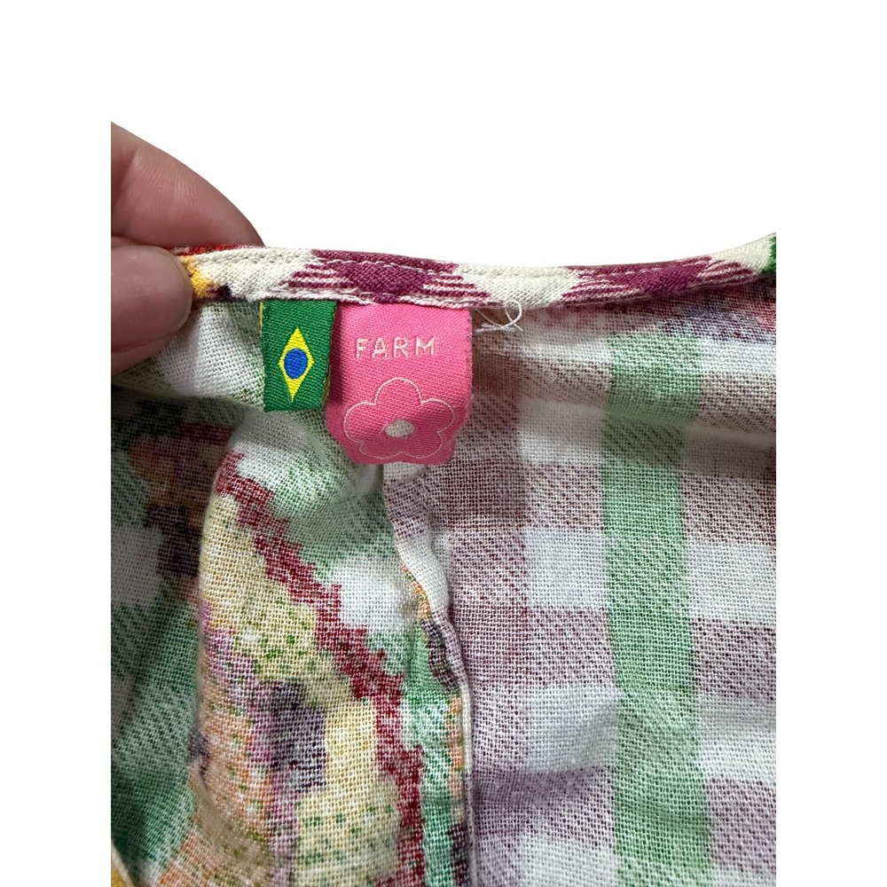 Farm Rio Gingham Fruit Floral Smocked Crop Top Puff Sleeve V-Neck Brazil Small - Picture 2 of 5
